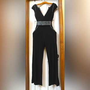 Bebe Black Jumpsuit Sleeveless Faux Leather Trim Belted Wide Leg